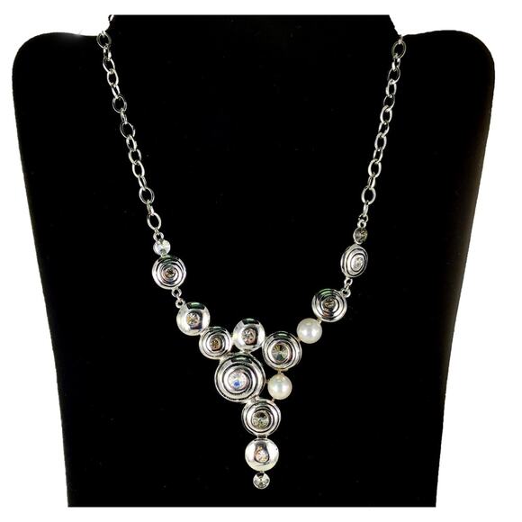 Silver Rhinestone Pearl Drop Statement Necklace - Picture 1 of 2